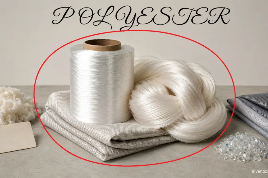 Historical invention of polyester with spools of white yarn and fabric showcasing early chemical development in 1941.