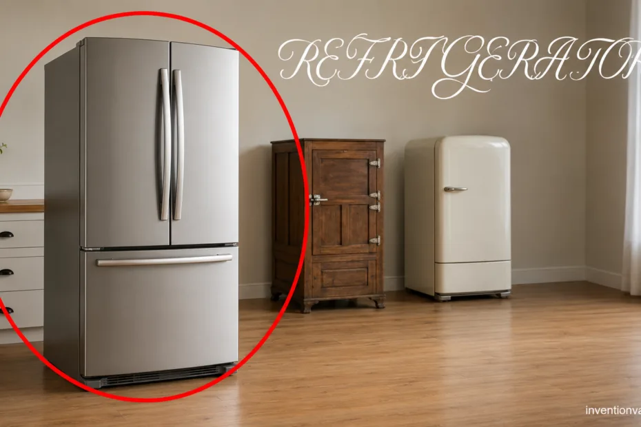 Modern refrigerator standing in a kitchen, showcasing the invention of the home fridge for convenient food storage.