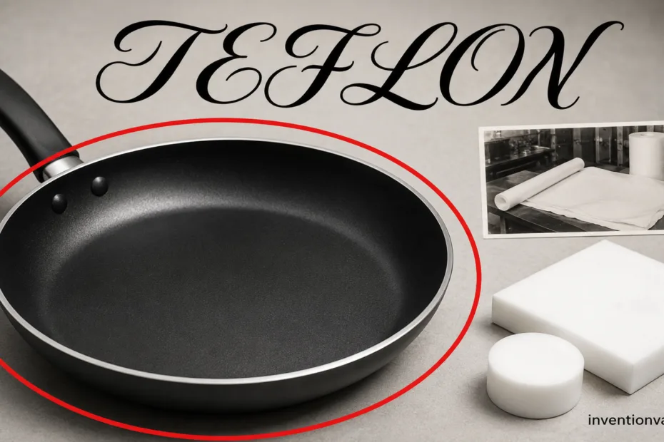 Invention of Teflon, showing a frying pan with a non-stick coating, highlighting the accidental discovery made in 1938.