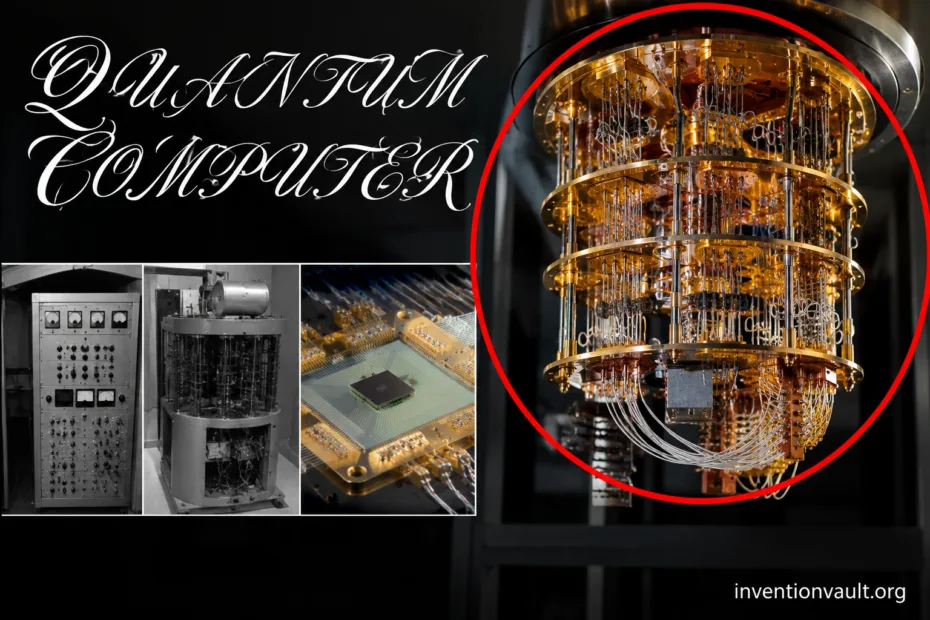 Quantum computer prototype with advanced qubits and cooling systems for future computing power.