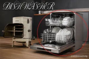 early invention of dishwasher by Josephine Cochrane showcasing a vintage dishwasher with clean dishes inside