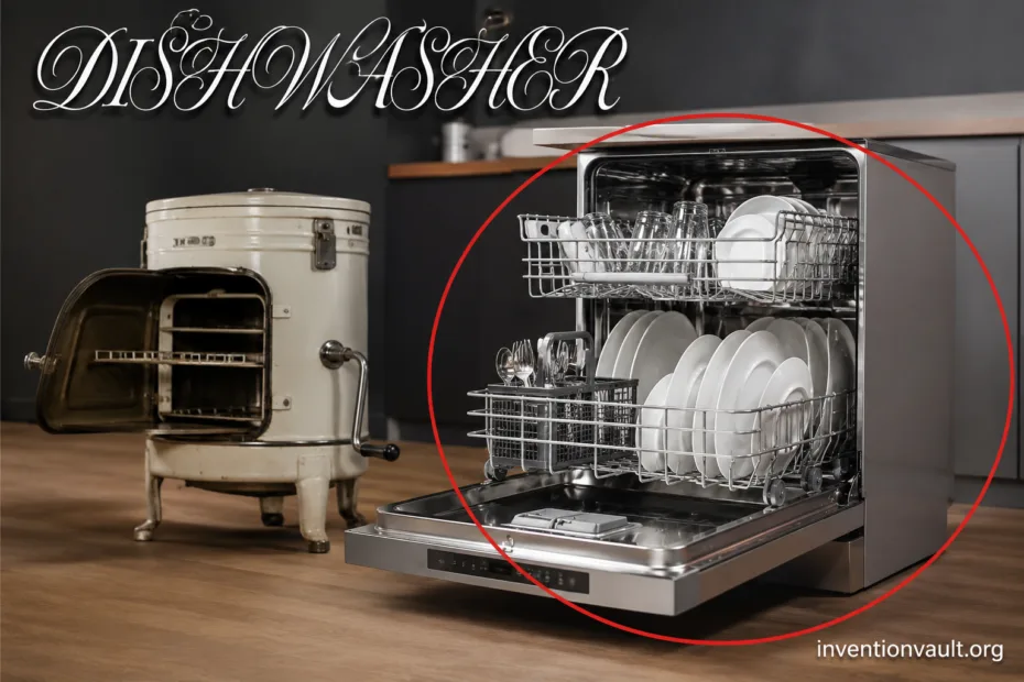 early invention of dishwasher by Josephine Cochrane showcasing a vintage dishwasher with clean dishes inside