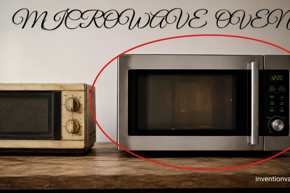 This image shows a microwave oven placed on a wooden surface, illustrating its invention by accident.