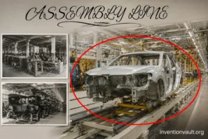 Vintage assembly line with an early model car being assembled, showcasing the origins of mass production techniques.