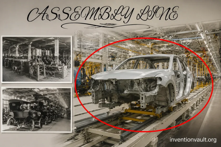 Vintage assembly line with an early model car being assembled, showcasing the origins of mass production techniques.