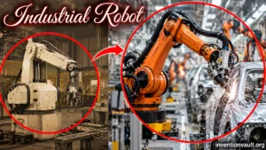 Industrial robot in an automated factory showcasing the evolution of manufacturing technology.