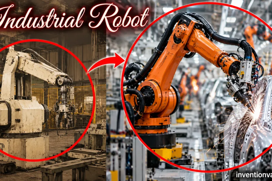Industrial robot in an automated factory showcasing the evolution of manufacturing technology.