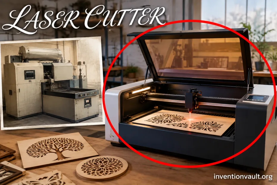 Laser cutter in action carving intricate patterns onto material with precise light technology.