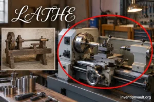 Vintage lathe machine used in metal shaping with rotating parts and controls for precise craftsmanship.