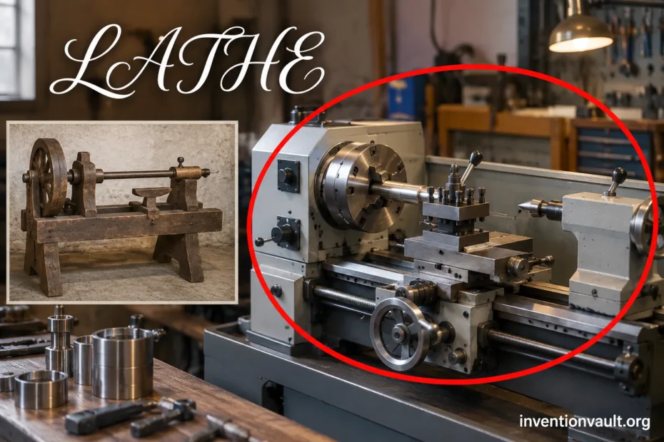 Vintage lathe machine used in metal shaping with rotating parts and controls for precise craftsmanship.