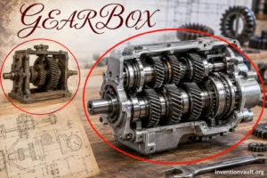 Invention of gearbox showing gears for controlling speed and torque in mechanical systems.